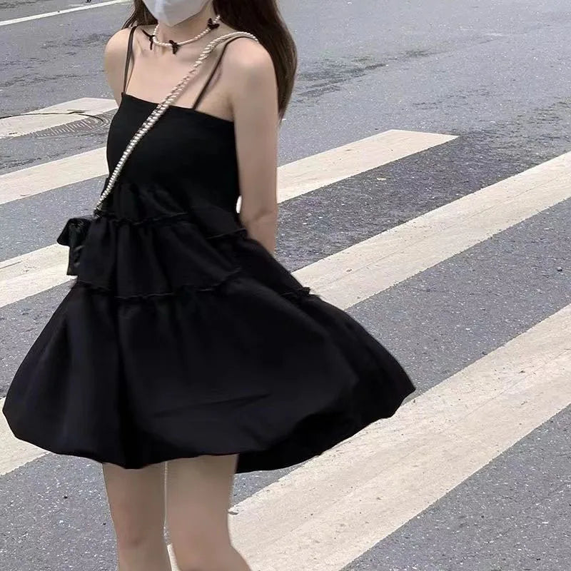 Lucyever Sweet Cute Fluffy Dresses for Women Summer New Spaghetti Strap Black Dress Woman Sleeveless Birthday Party Dress