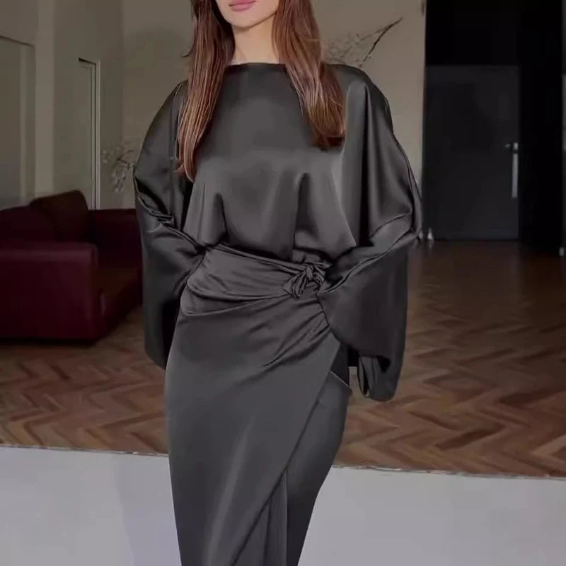 Casual Women's Batwing Sleeve Lace Up Party Dress Elegant Commuter Draped Robe Dress Autumn Simple Solid Color Satin Party Dress