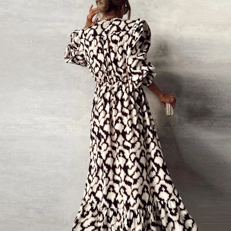 New Pattern Print Lantern Sleeve Long Dress Elegant V Neck High Waist Ruffles Party Dress Summer Temperament Holiday Split Dress