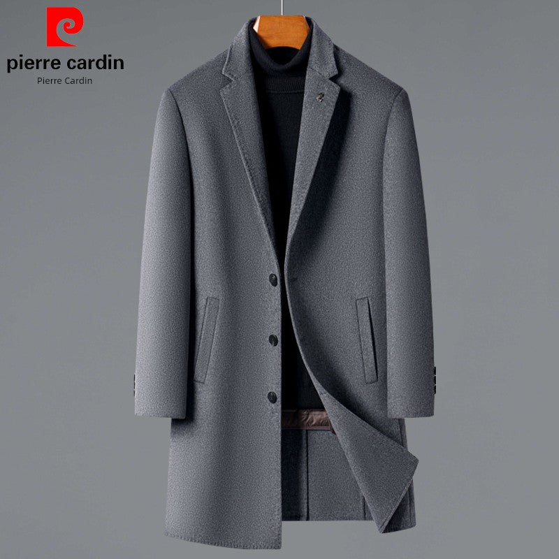 Pierre Cardin Classy 100% Pure Cashmere Double-Sided Woolen Coat Men's Mid-Length Trench Coat Outwear Winter Thickened