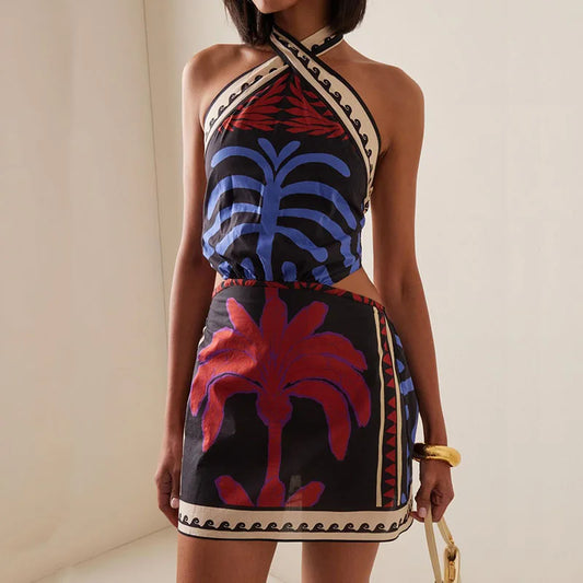 Sexy Halter Lace-up Backless Party Dress Women 2024 Spring Pattern Print Slim Mini Dress Summer Sleeveless Hollow Office Dresses