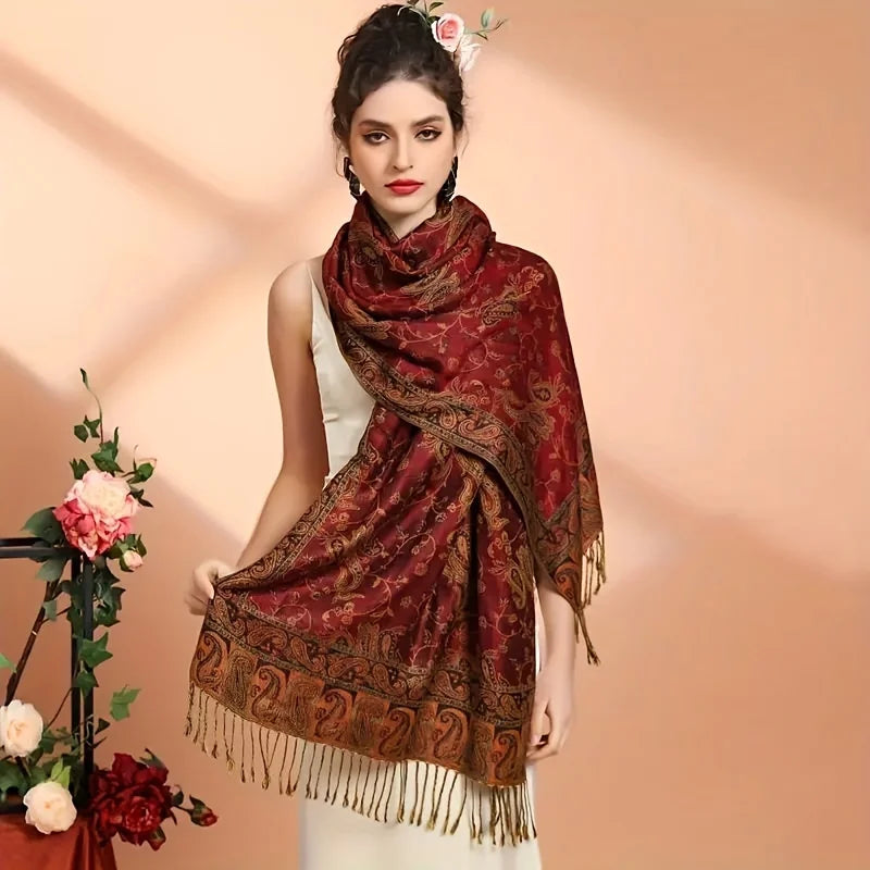 Classic Boho Paisley Jacquard Shawl Vintage Thin Soft Cozy Scarf Elegant Style Breathable Blanket Scarf With Tassel For Women