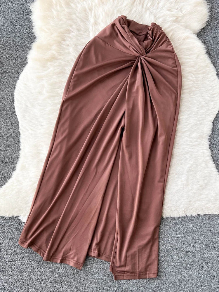 Summer Sexy Beach Two Piece Set Women Cross Necked Crop Top Split Mid Length Wrap Skirt Boho Brown Suits
