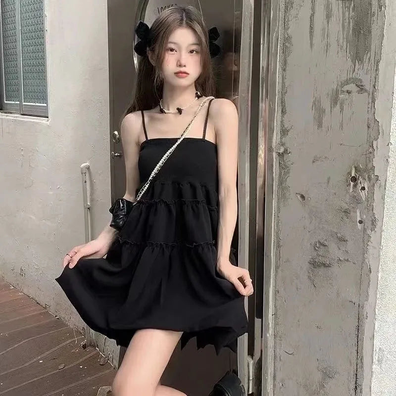 Lucyever Sweet Cute Fluffy Dresses for Women Summer New Spaghetti Strap Black Dress Woman Sleeveless Birthday Party Dress