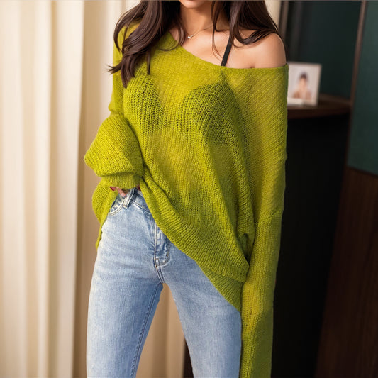 Early Spring and Autumn 2024 New and Thin K-style Loose Mohair Idle Style Hollow out V-neck Woolen Knit Smock Top Women