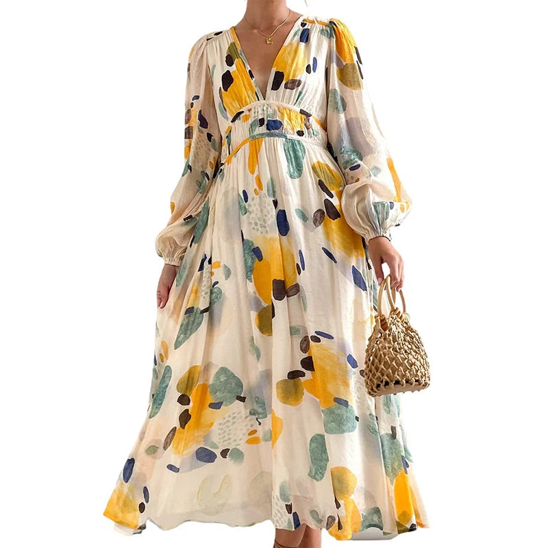 New 2023 Autumn Long Sleeved Pleated Party Dress Casual High Waist Holiday Maxi Dress Ladies V-neck Floral Print Bohemian Dress