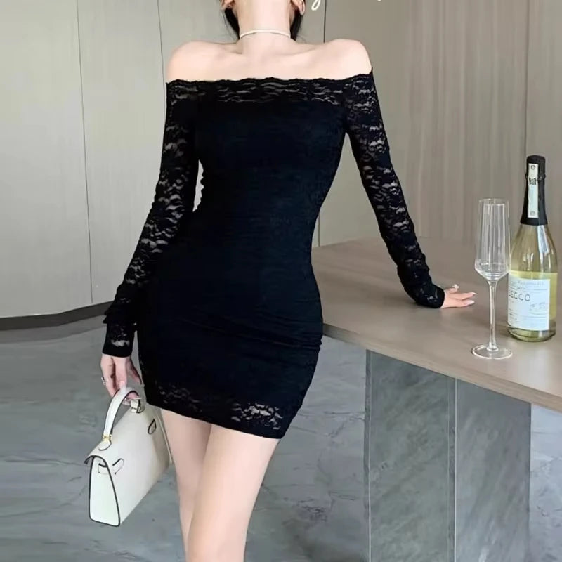 Chic Long Sleeve Party Dress Women Slim Sexy Lace Frock Ladies Slash Neck Hollow Cut Streetwear Hot Fashion All-match Partywear