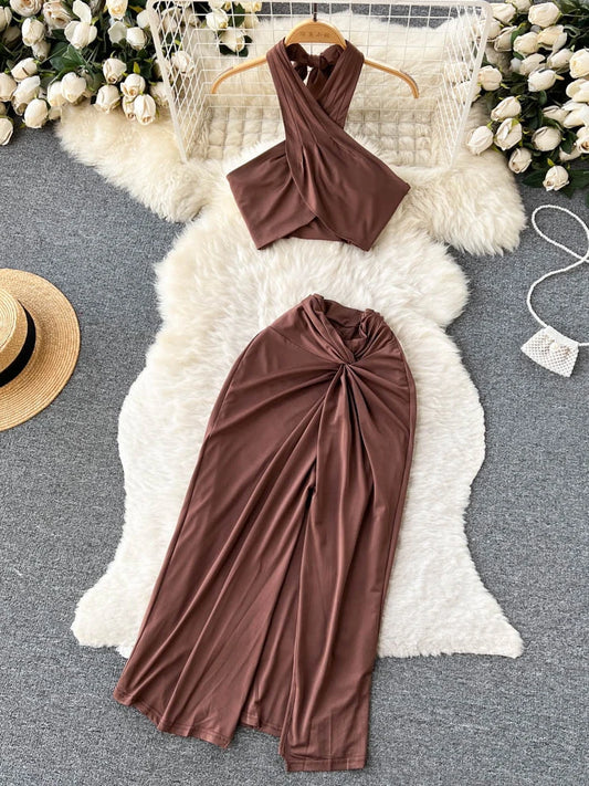 Summer Sexy Beach Two Piece Set Women Cross Necked Crop Top Split Mid Length Wrap Skirt Boho Brown Suits