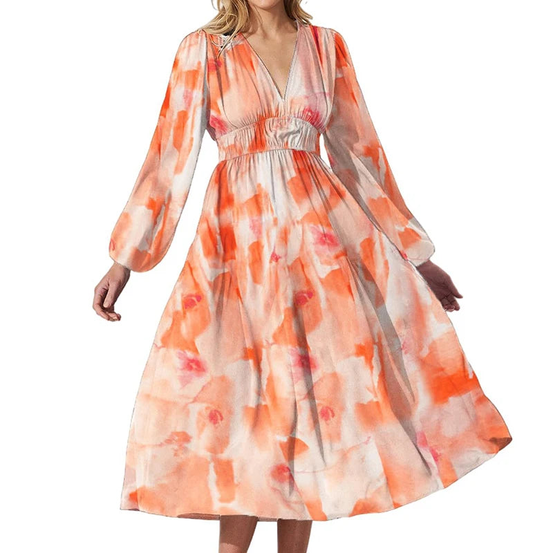 New 2023 Autumn Long Sleeved Pleated Party Dress Casual High Waist Holiday Maxi Dress Ladies V-neck Floral Print Bohemian Dress