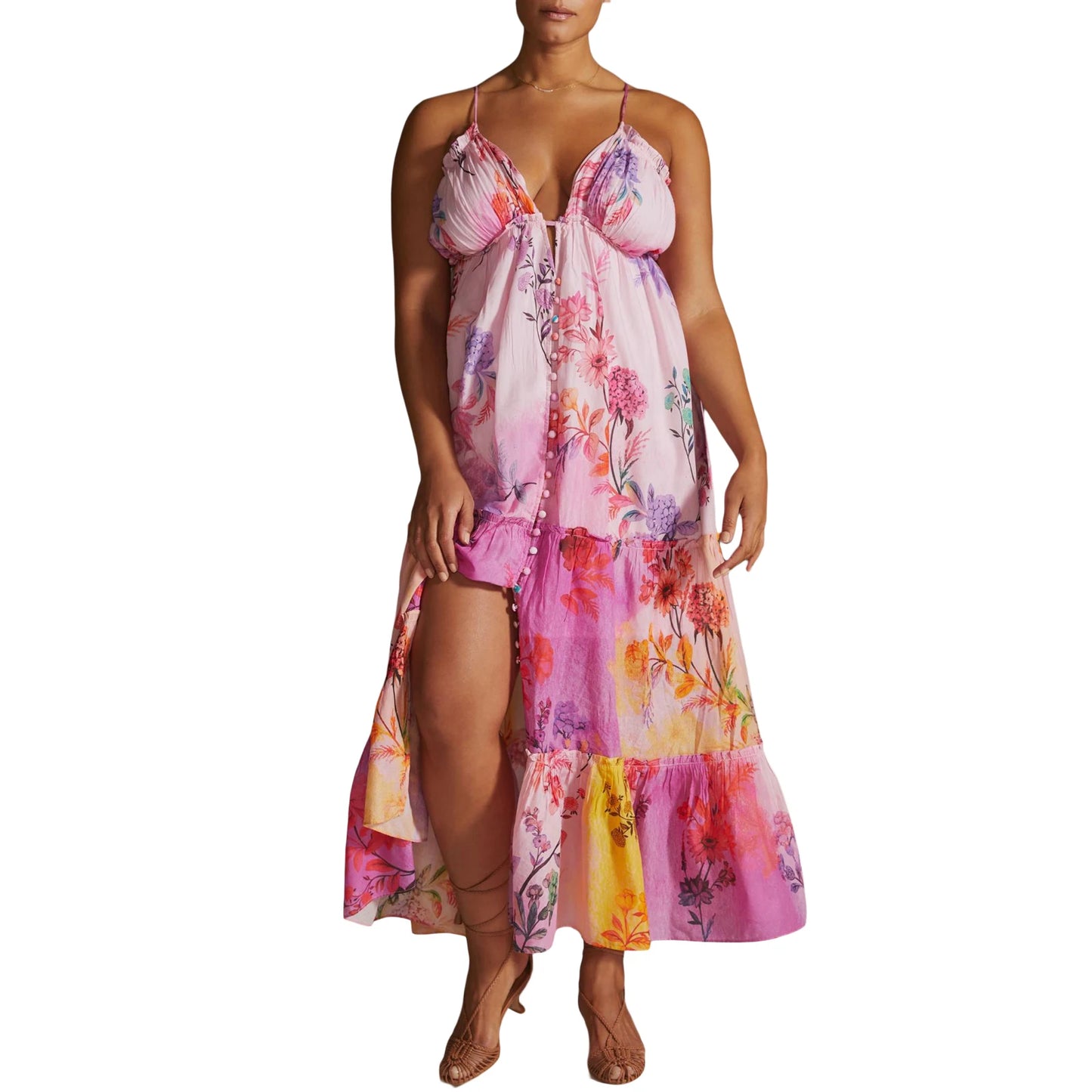 Women Fashion Boho Floral Print Long Flowy Sleeveless Cami Sexy Spaghetti Strap Maxi Backless Party Dress