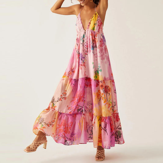 Women Fashion Boho Floral Print Long Flowy Sleeveless Cami Sexy Spaghetti Strap Maxi Backless Party Dress