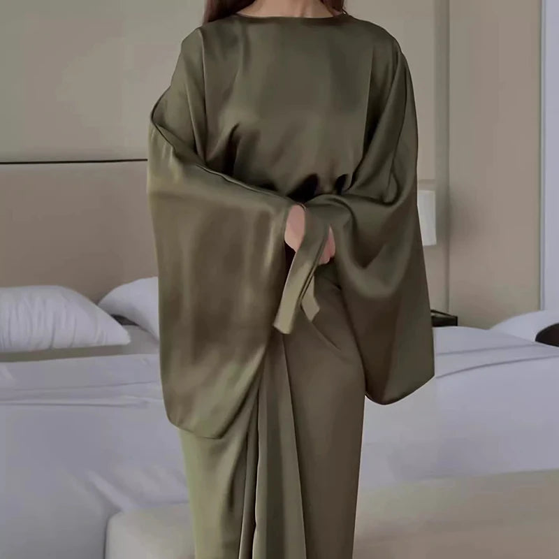 Casual Women's Batwing Sleeve Lace Up Party Dress Elegant Commuter Draped Robe Dress Autumn Simple Solid Color Satin Party Dress