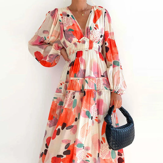New 2023 Autumn Long Sleeved Pleated Party Dress Casual High Waist Holiday Maxi Dress Ladies V-neck Floral Print Bohemian Dress