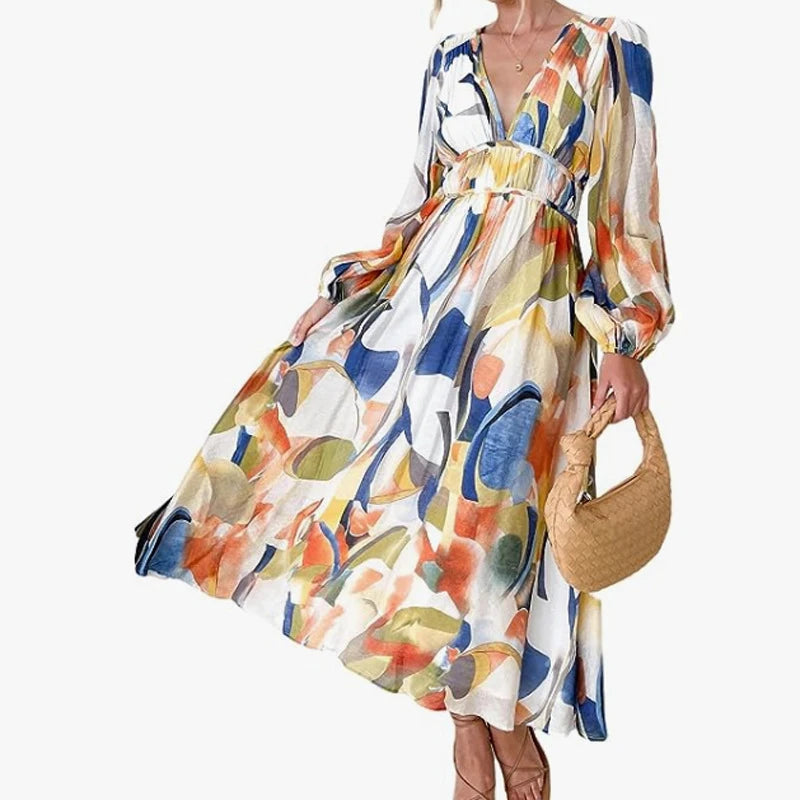 New 2023 Autumn Long Sleeved Pleated Party Dress Casual High Waist Holiday Maxi Dress Ladies V-neck Floral Print Bohemian Dress