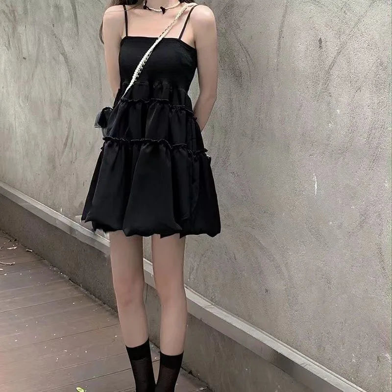 Lucyever Sweet Cute Fluffy Dresses for Women Summer New Spaghetti Strap Black Dress Woman Sleeveless Birthday Party Dress