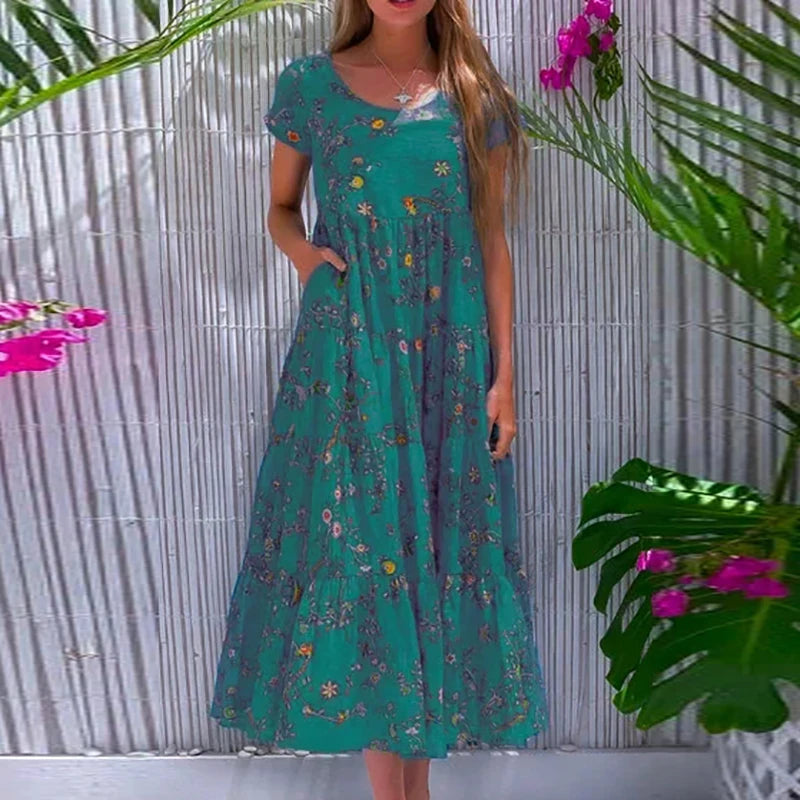 Women Flower Print Dress Boho A-Line Long Dress Women Summer Vintage Maxi Dresses Casual Loose Holiday Party Dress 2023