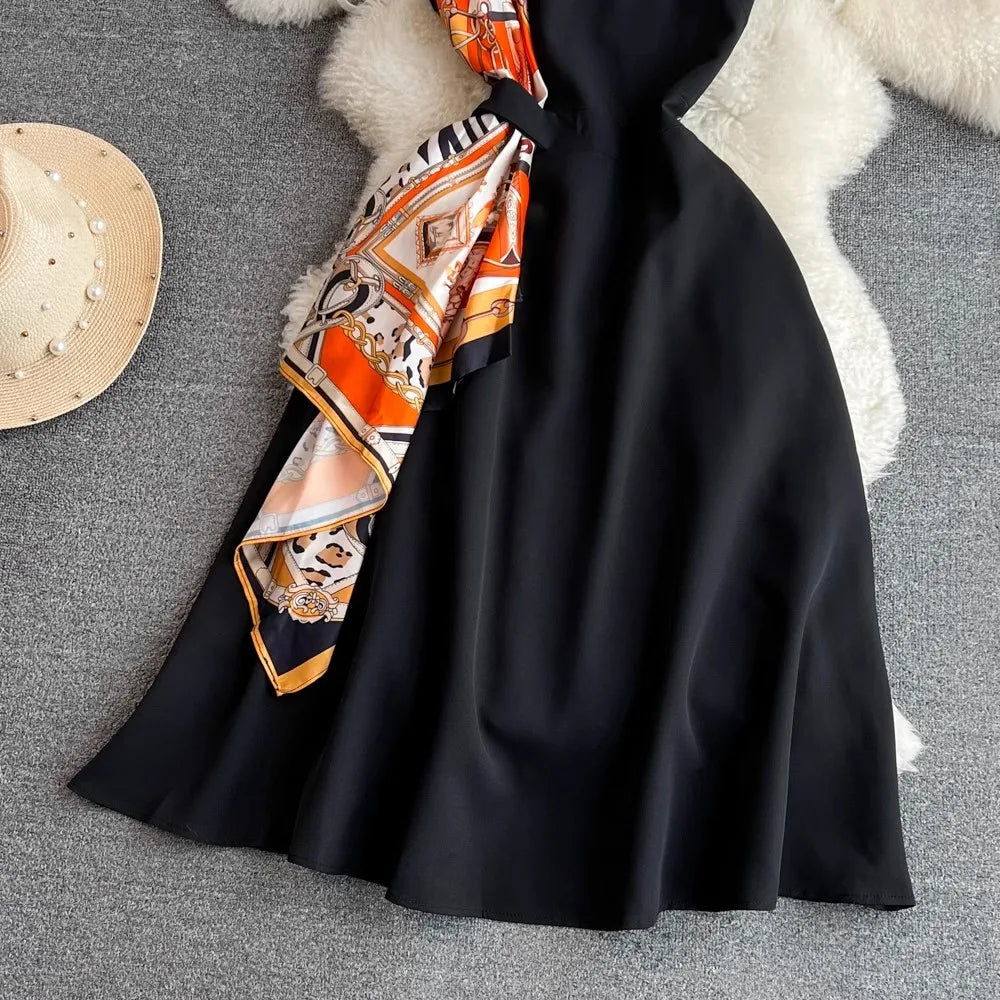 Elegant Office Lady Long Dress Women Spring Summer Sleeveless Patchwork Black Dress Party Dress Vestidos