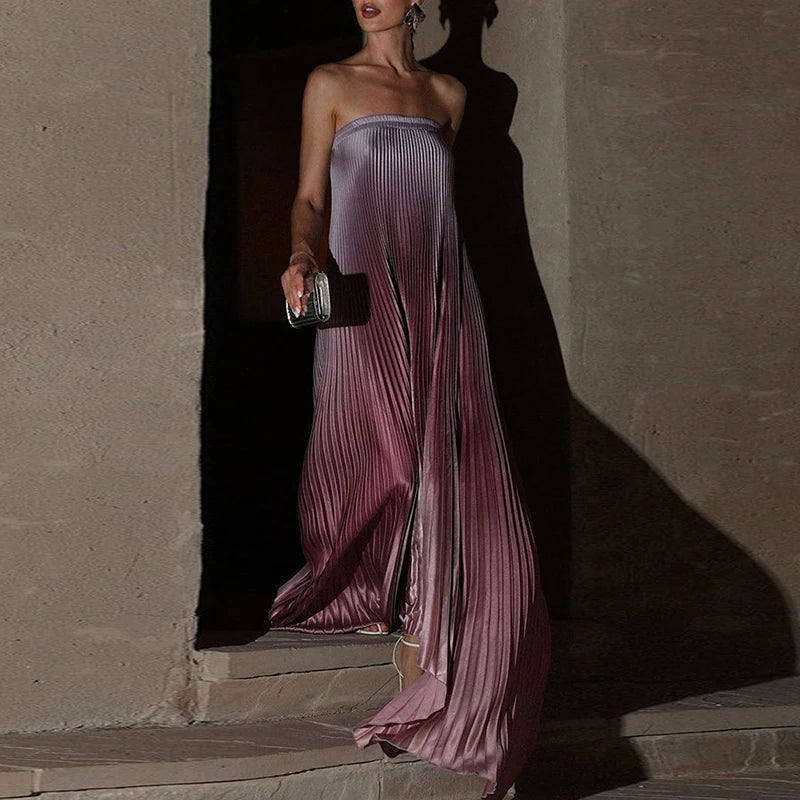 Women Elegant Big Hem One Shoulder Party Dress Show Style Pleated Gala Gowns Banquet New 2024 Gradient Tube Tops Evening Dress