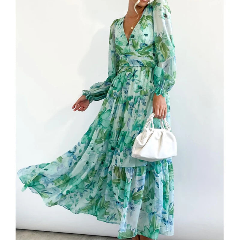 New 2023 Autumn Long Sleeved Pleated Party Dress Casual High Waist Holiday Maxi Dress Ladies V-neck Floral Print Bohemian Dress