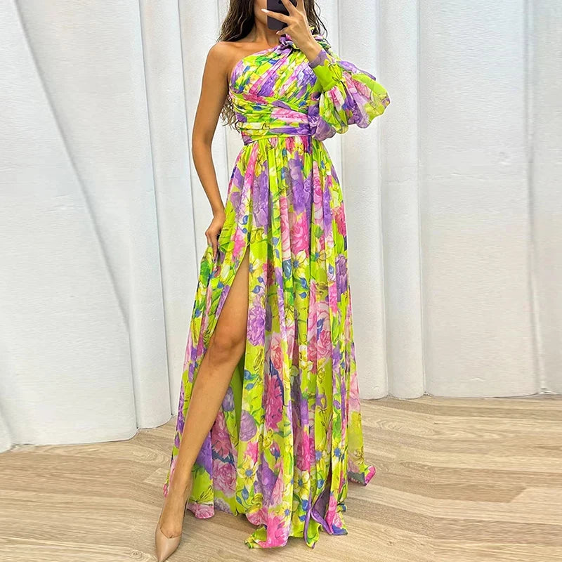 Sexy Female Hight Split Loose Hem One Shoulder Print Beach Party Dress Lady Side Split One Sleeve Long Dress Women Evening Dress