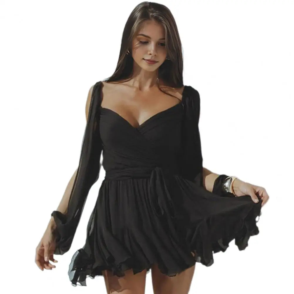 V-neck Dress Party Mini Dress Leopard Print Party Dress with Lantern Sleeves Low-cut V Neck Ruffle Tight Waist A-line for Club