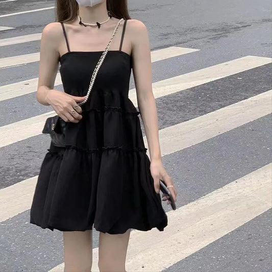 Lucyever Sweet Cute Fluffy Dresses for Women Summer New Spaghetti Strap Black Dress Woman Sleeveless Birthday Party Dress
