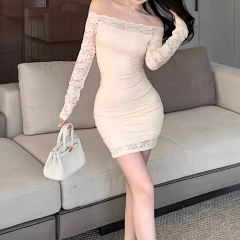 Chic Long Sleeve Party Dress Women Slim Sexy Lace Frock Ladies Slash Neck Hollow Cut Streetwear Hot Fashion All-match Partywear