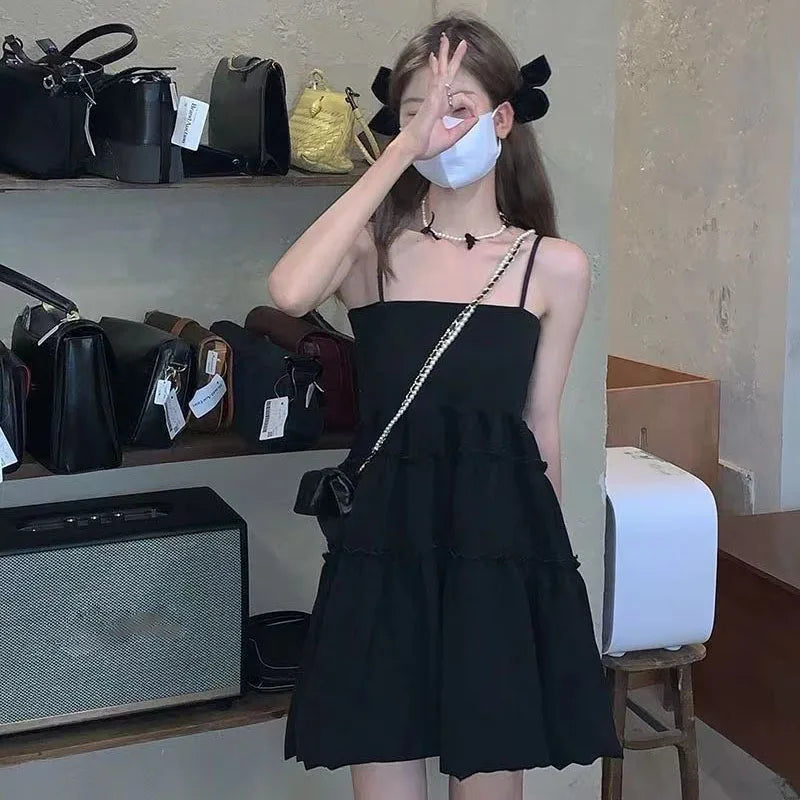 Lucyever Sweet Cute Fluffy Dresses for Women Summer New Spaghetti Strap Black Dress Woman Sleeveless Birthday Party Dress