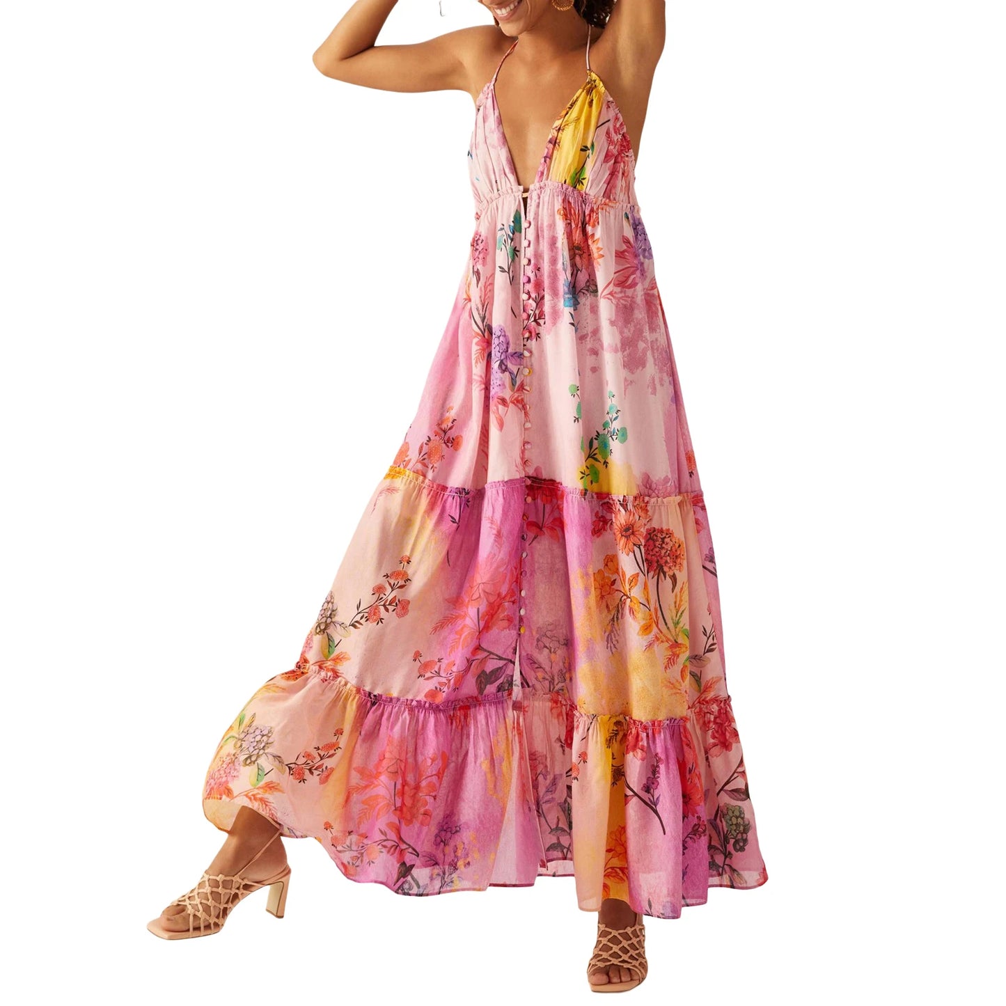 Women Fashion Boho Floral Print Long Flowy Sleeveless Cami Sexy Spaghetti Strap Maxi Backless Party Dress