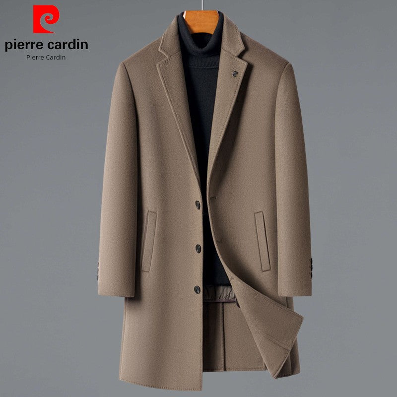 Pierre Cardin Classy 100% Pure Cashmere Double-Sided Woolen Coat Men's Mid-Length Trench Coat Outwear Winter Thickened