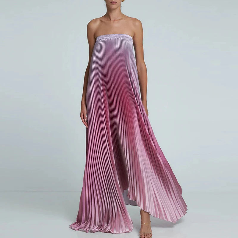 Women Elegant Big Hem One Shoulder Party Dress Show Style Pleated Gala Gowns Banquet New 2024 Gradient Tube Tops Evening Dress