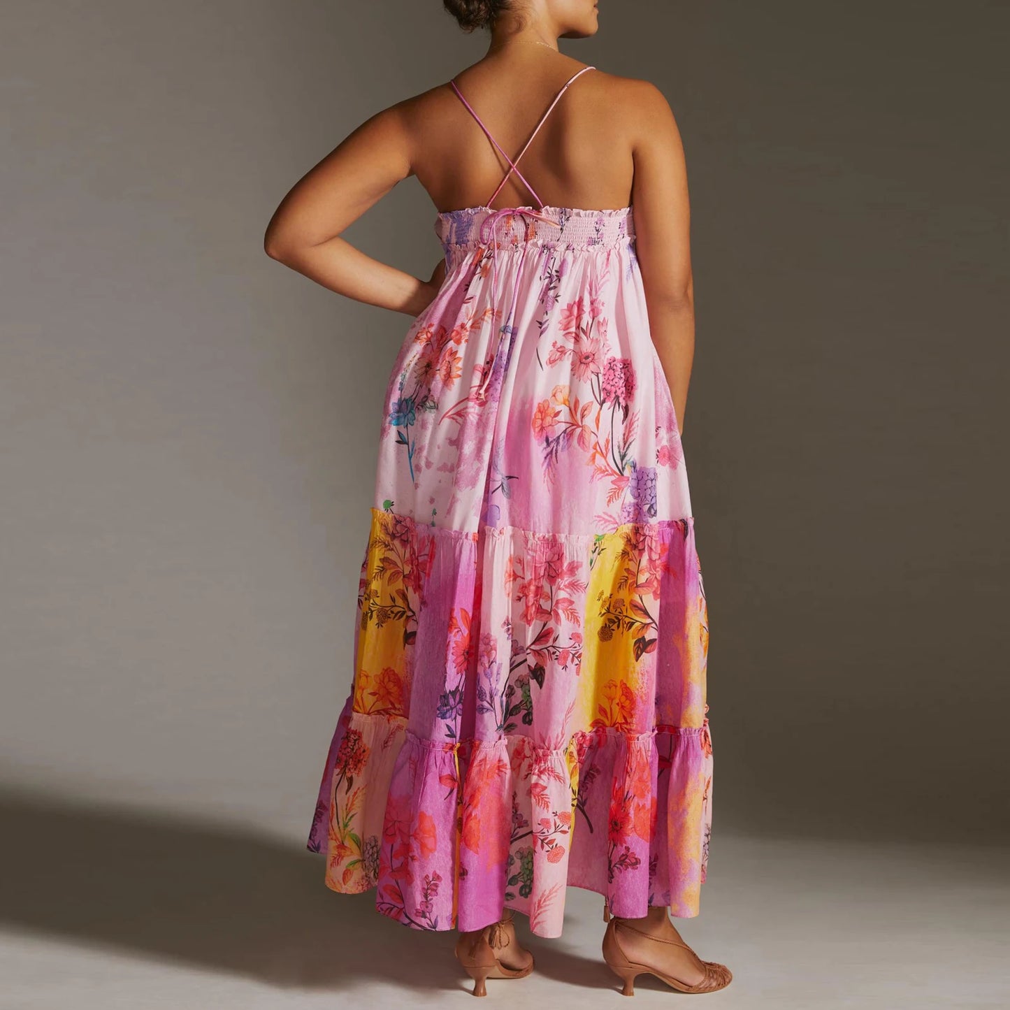 Women Fashion Boho Floral Print Long Flowy Sleeveless Cami Sexy Spaghetti Strap Maxi Backless Party Dress