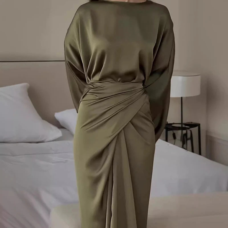 Casual Women's Batwing Sleeve Lace Up Party Dress Elegant Commuter Draped Robe Dress Autumn Simple Solid Color Satin Party Dress
