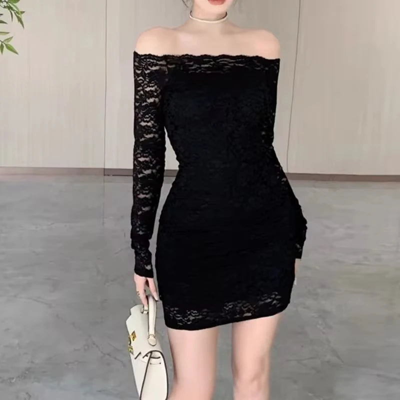 Chic Long Sleeve Party Dress Women Slim Sexy Lace Frock Ladies Slash Neck Hollow Cut Streetwear Hot Fashion All-match Partywear