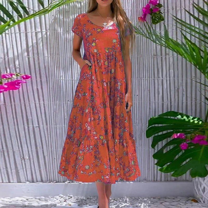 Women Flower Print Dress Boho A-Line Long Dress Women Summer Vintage Maxi Dresses Casual Loose Holiday Party Dress 2023
