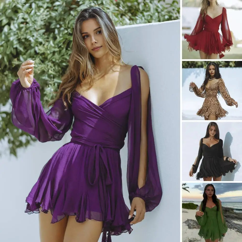 V-neck Dress Party Mini Dress Leopard Print Party Dress with Lantern Sleeves Low-cut V Neck Ruffle Tight Waist A-line for Club