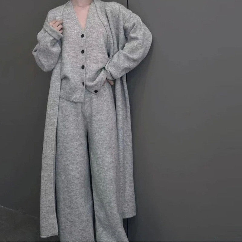 Solid Color Long Sleeve Cardigan Vest Long Pants Knit Set