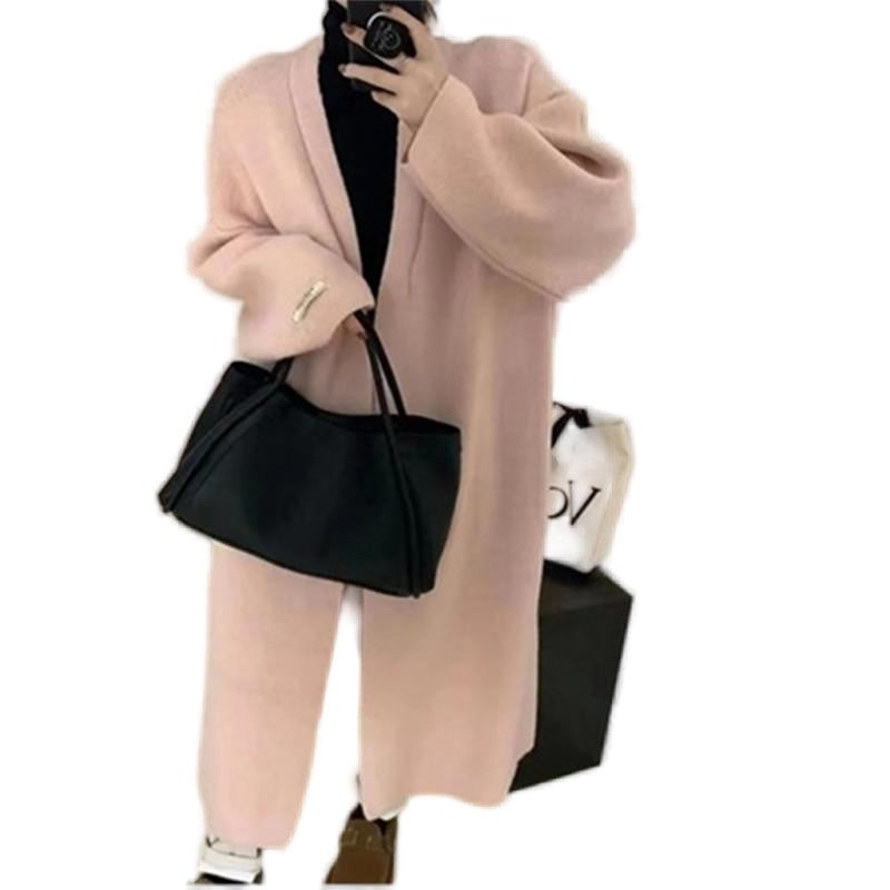 Oversized Solid Color Knee-Length Knit Cardigan Coat