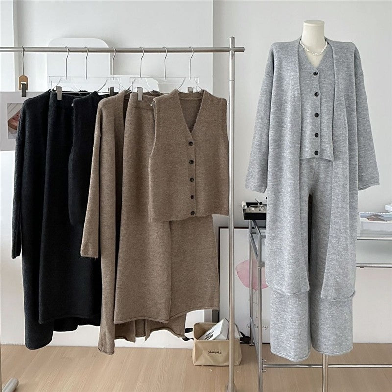 Solid Color Long Sleeve Cardigan Vest Long Pants Knit Set