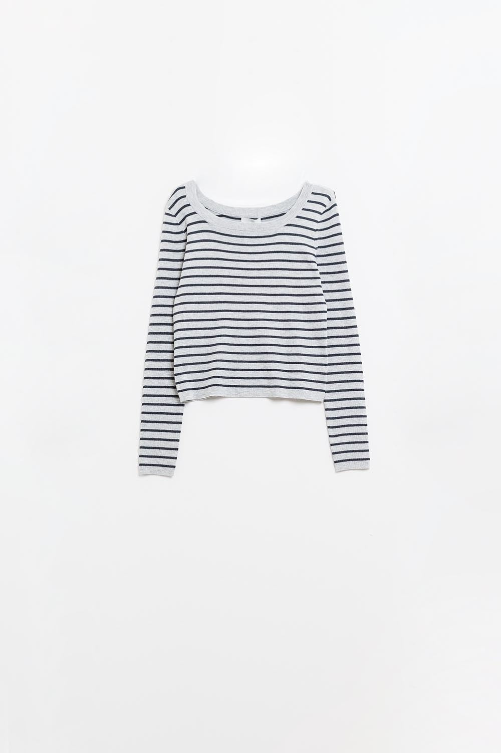 Grey Striped Fine Knit Sweater With Boat Neck