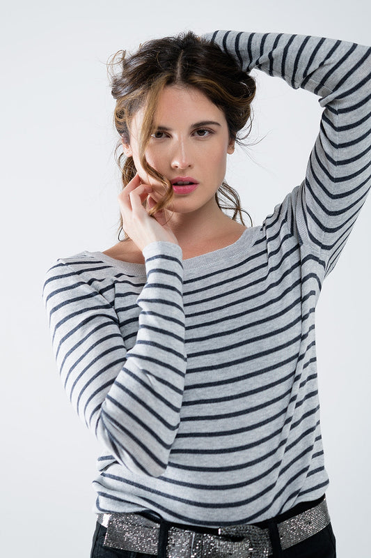 Grey Striped Fine Knit Sweater With Boat Neck