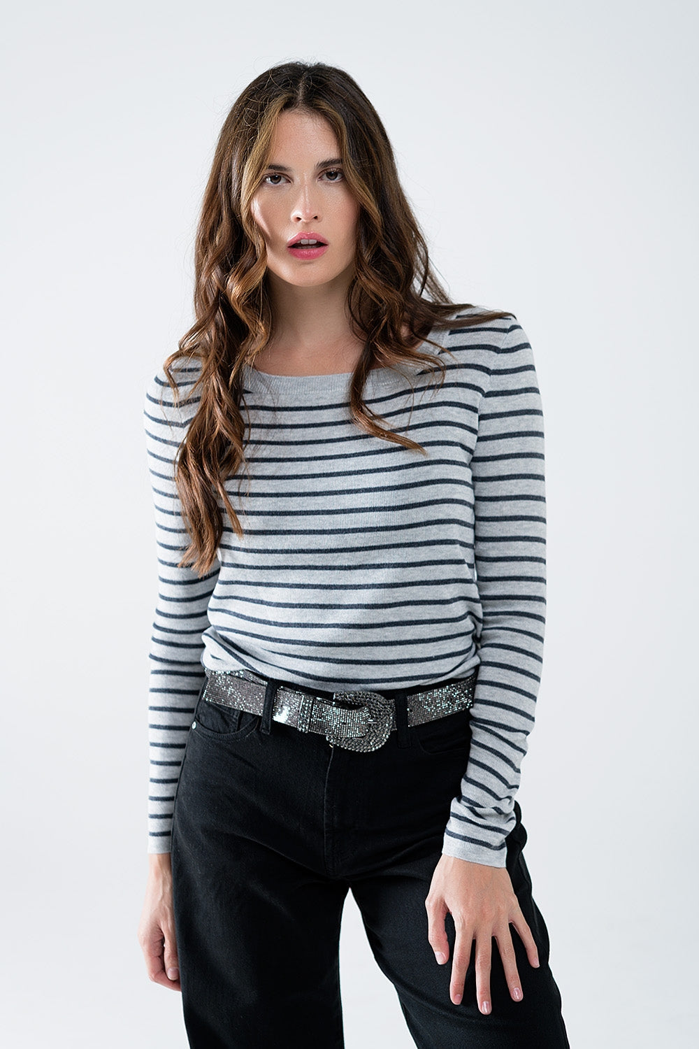Grey Striped Fine Knit Sweater With Boat Neck