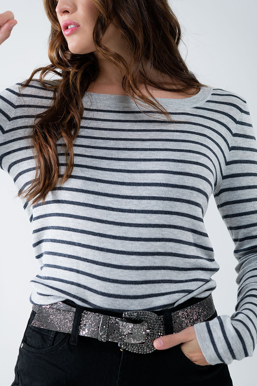 Grey Striped Fine Knit Sweater With Boat Neck